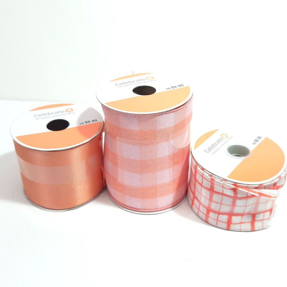 Celebrate It Just Peachy Wired Ribbon Orange Plaid Check Striped Craft 3 Spools